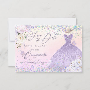 Lila Quinceanera Rett Date Holographic Confetti Einladung