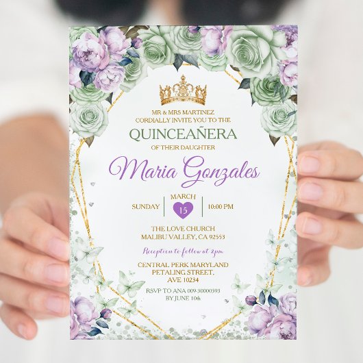 Lila Quinceañera Sage Green Mexican Butterfly Einladung
