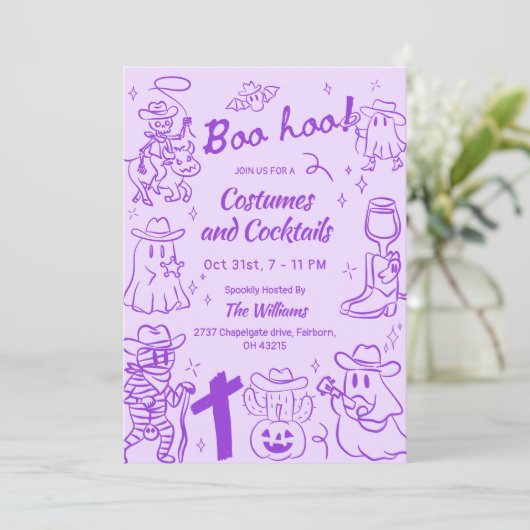 Lila Quirky Hand Drawing Cowboy-Halloween-Party Einladung (Stehend Vorderseite)