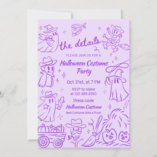Lila Quirky Hand Drawing Cowboy-Halloween-Party Einladung (Rückseite)