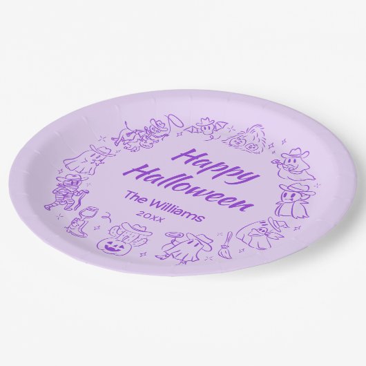 Lila Quirky Hand Drawn Cowboy Happy Halloween Pappteller (Schrägansicht)