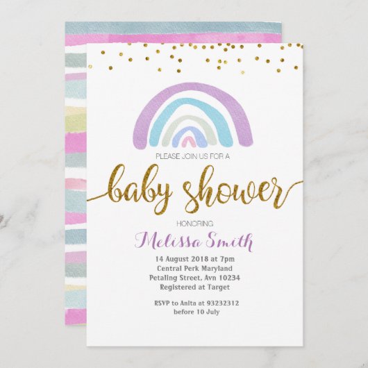 Lila Rainbow Baby Dusche Einladungskarte Einladung (Vorne/Hinten)