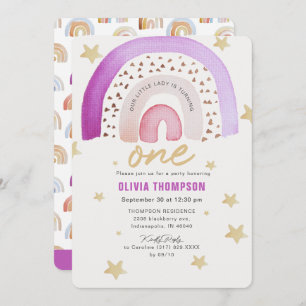 Lila Rainbow Stars erste Geburtstagsparty Einladung