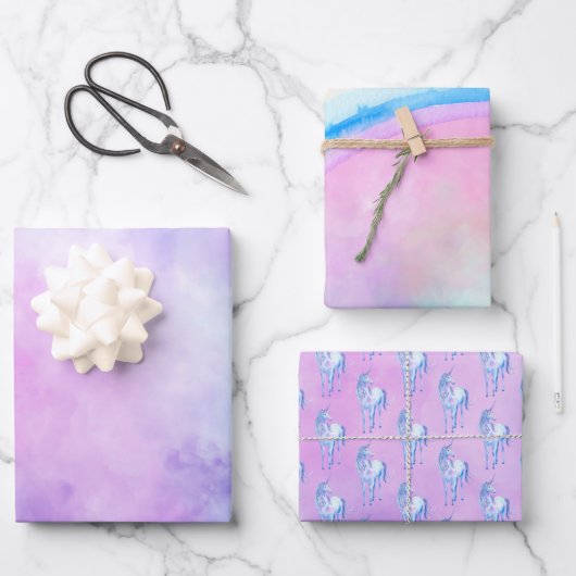 Lila Rainbow Unicorn Geschenkpapier Set (Vorderseite)