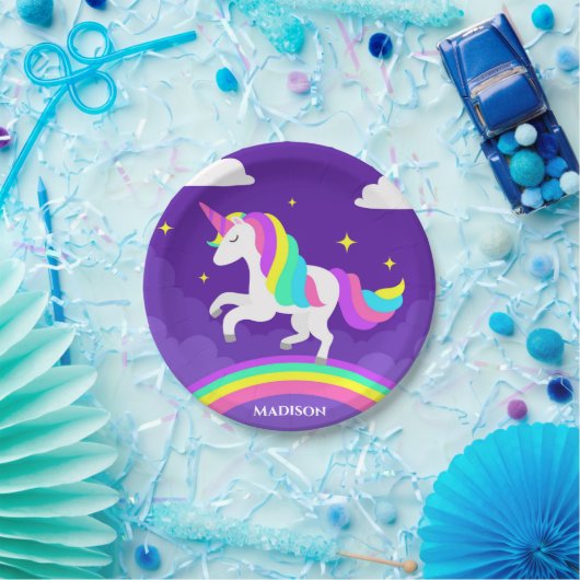 Lila Rainbow Unicorn Party Personalisiert Name Pappteller (Party)
