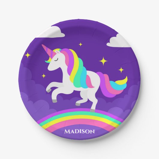 Lila Rainbow Unicorn Party Personalisiert Name Pappteller (Vorderseite)