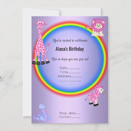 Lila Rainbow Zoo Geburtstagsparty Einladung (Vorderseite)
