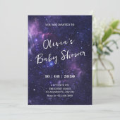 Lila Raumgalaxie Babydusche Einladung (Stehend Vorderseite)