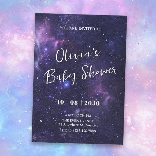 Lila Raumgalaxie Babydusche Einladung