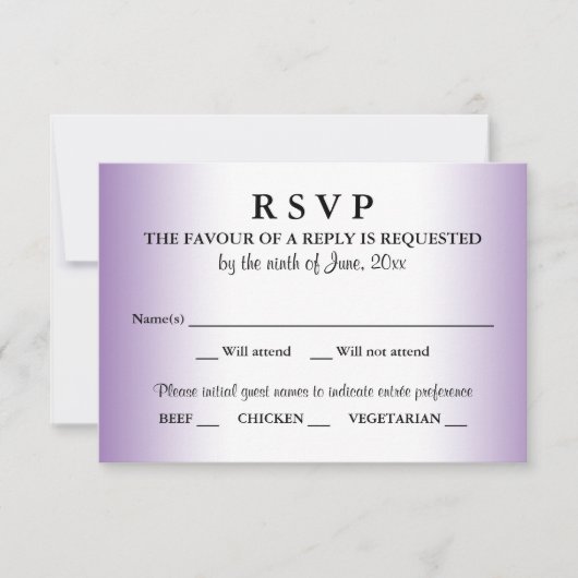 Lila Reaktion auf Hochzeiten RSVP Karte (Vorderseite)