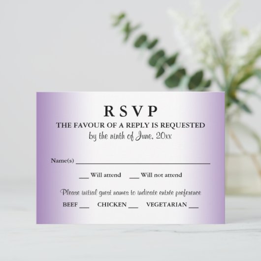 Lila Reaktion auf Hochzeiten RSVP Karte (Stehend Vorderseite)