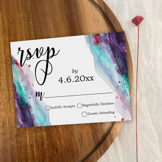 Lila Red Aqua Abstrakt Watercolor Wedding RSVP Karte
