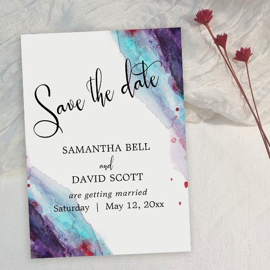 Lila Red Aqua Watercolor Moderne Save the Date Einladung