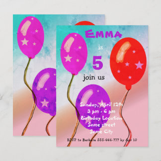 Lila Red Balloons Kindergeburtstag Party Einladungspostkarte