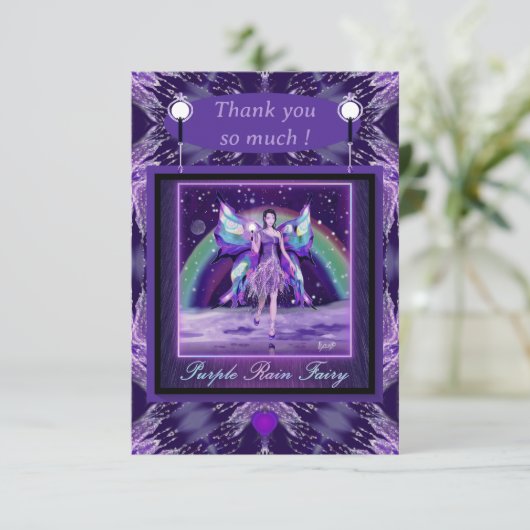 Lila Regenfee Dankeskarte (Stehend Vorderseite)
