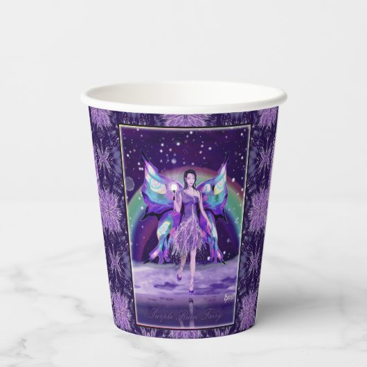 Lila Regenfee Pappbecher (Rückseite)