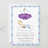 Lila Regenschirm, Baby-Schlafsack-Dusche per Post Einladung (Vorderseite)