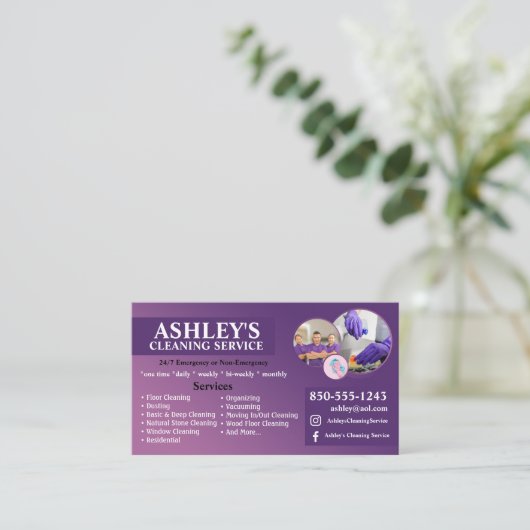 Lila Reinigungsdienstkarte Visitenkarte (Stehend Vorderseite)