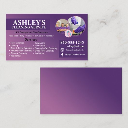 Lila Reinigungsdienstkarte Visitenkarte (Vorne/Hinten)