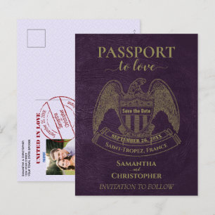 Lila Reisepass Süße Lustige Hochzeit Save-the-Date Ankündigungspostkarte
