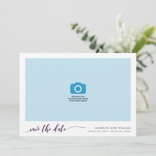 Lila Relax Script Save the Date Foto (Stehend Vorderseite)