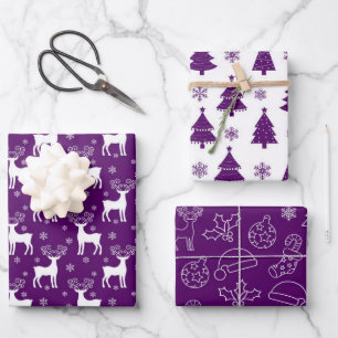Lila-Rentier-, Weihnachtsbaum- und Feiertagsmuster Geschenkpapier Set
