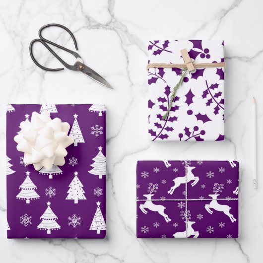 Lila Rentier, Weihnachtsbäume und Holly-Muster Geschenkpapier Set (Vorderseite)