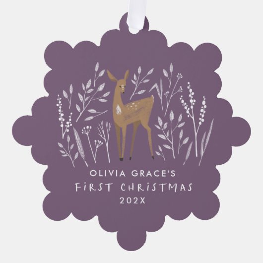 Lila Rentiere der ersten Weihnachtszeit elegant 1  Ornament Karte (Vorderseite)