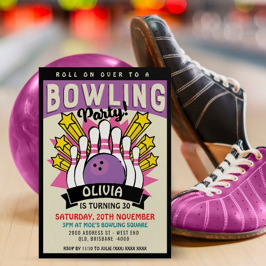 Lila Retro Bowling Geburtstagspartei Einladung
