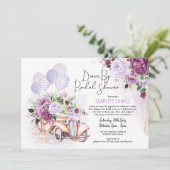 Lila Retro-Fahrzeug mit Flor nach Brautparty Einladung (Stehend Vorderseite)