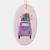 Lila Retro Fiat 500 mit Weihnachtsgeschenken Keramik Ornament (Rechts)