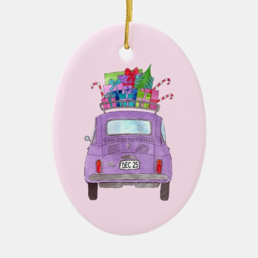 Lila Retro Fiat 500 mit Weihnachtsgeschenken Keramik Ornament (Vorne)