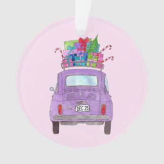 Lila Retro Fiat 500 mit Weihnachtsgeschenken Ornament