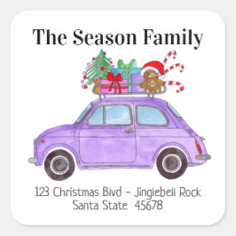Lila Retro Fiat 500 mit Weihnachtsgeschenken Quadratischer Aufkleber