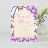 Lila Retro-Flora mit Foto Hochzeitsempfang Einladung (Stehend Vorderseite)