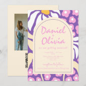Lila Retro-Flora mit Foto Hochzeitsempfang Einladung (Vorne/Hinten)