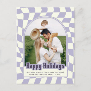 Lila Retro Groovy Checkered Happy Holidays Foto Feiertagspostkarte