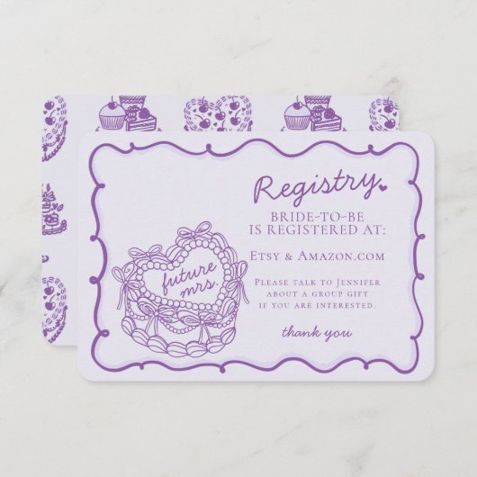 Lila Retro-Herz-Coquette-Kuchen-Registrierung einf Begleitkarte (Vorne/Hinten)