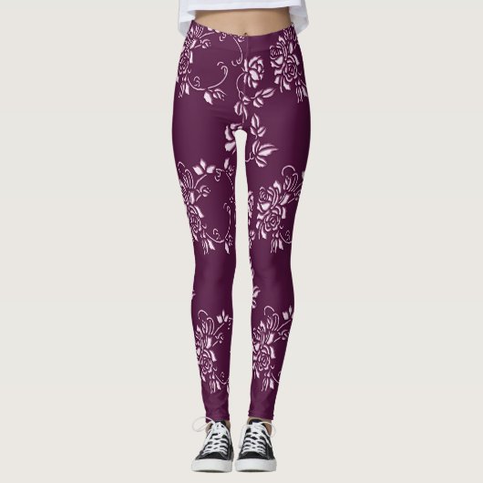 Lila retro mit Blumenelement Leggings (Vorderseite)