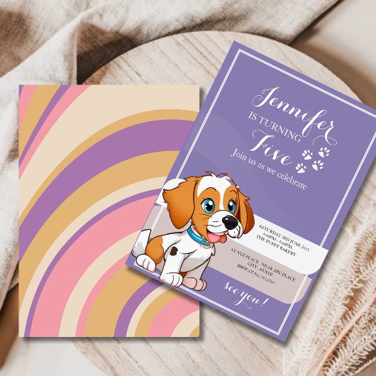 Lila Retro-Niedliches Puppy-Kindergeburtstag-Party Einladung