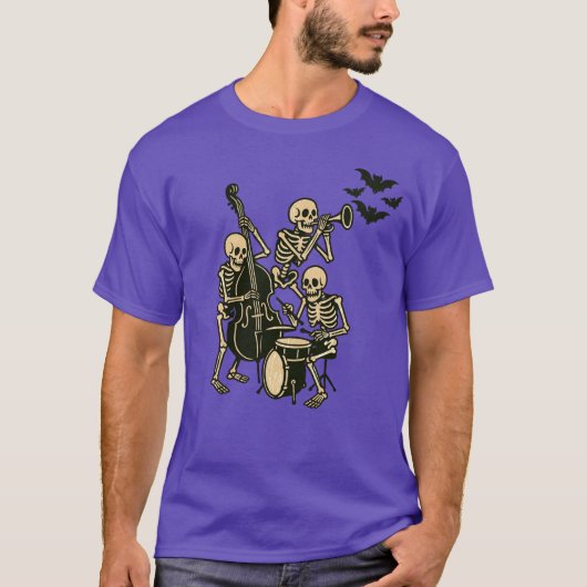 Lila Retro-Skelettband Halloween T-Shirt (Vorderseite)