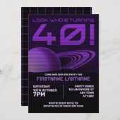 Lila Retrowave 40. Geburtstag Party Einladung (Vorne/Hinten)