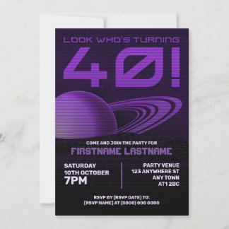 Lila Retrowave 40. Geburtstag Party Einladung