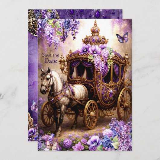Lila Reverie Carriage Save the Date - Royal Tee Einladung (Vorne/Hinten)