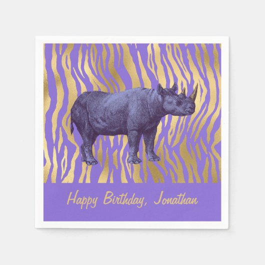 Lila Rhinoceros Happy Birthday Party Serviette (Vorderseite)