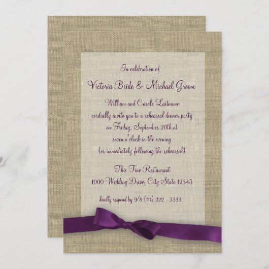 Lila Ribbon Probe Dinner Einladung (Vorne/Hinten)