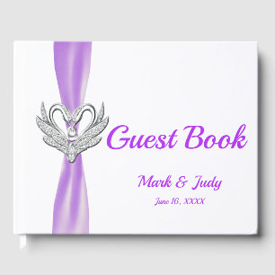 Lila Ribbon Silver Swans Wedding Gästebuch