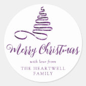 Lila Ribbon Tree Frohe Weihnachtsschrift Runder Aufkleber (Vorderseite)