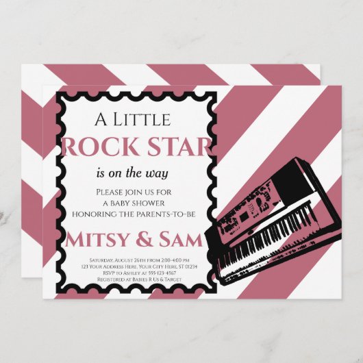 Lila Rock Star Rock a Bye Baby Dusche Einladung (Vorne/Hinten)