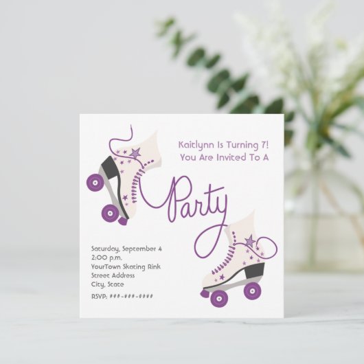 Lila Roller Disco Skate Party Einladung (Stehend Vorderseite)